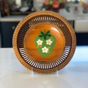 Vintage Brown Woven Bowl with hand painted strawberry
